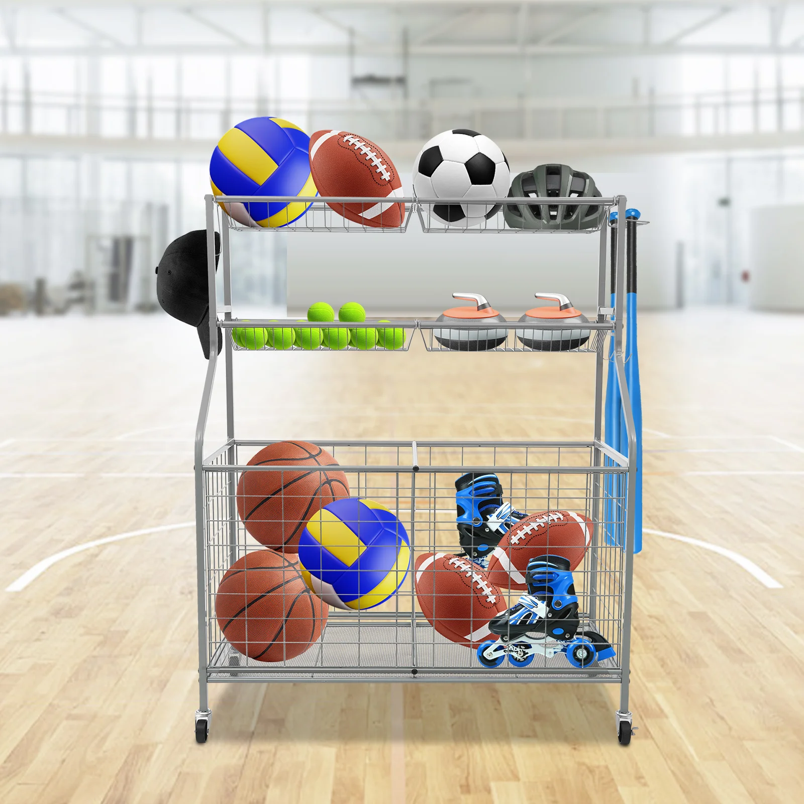 

36.1x16.5x45.6in Garage Sports Equipment Organizer Ball Storage Rack Garage Organizer Rolling Sports Ball Storage Cart