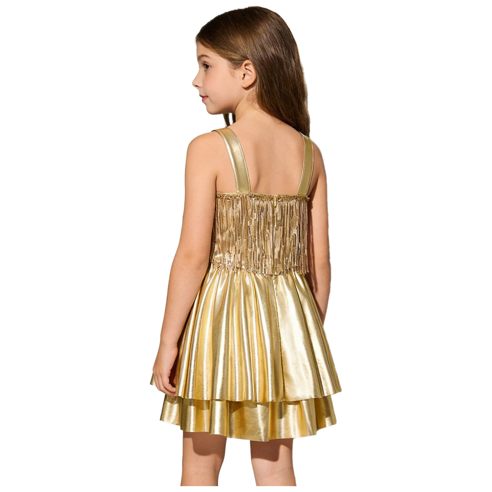 Sukienka dla dziewczynki, metaliczna, błyszcząca, na przyjęcie, z cekinami, frędzlami, bez rękawów, warstwowa, rozkloszowana, na ramiączkach, na konkurs piękności, występ sceniczny, bal taneczny.