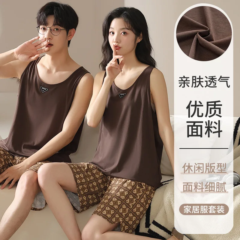 2024 New Modal Pajama Set for Lovers Summer Soft Home Clothes for Couples Sleeveless Sleeping Top Shorts Nightwear Women Men Pjs