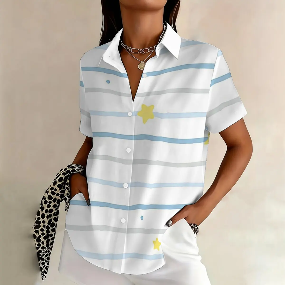 

Летняя женская рубашка больших размеров с коротким рукавом, с ручной росписью в полоску, свежая и омолаживающая, подходит для офиса, повседневная.