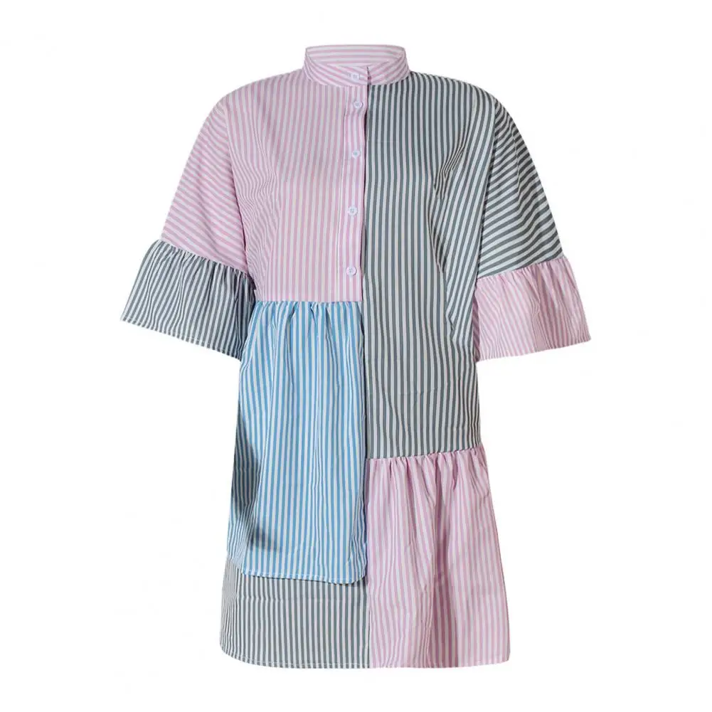 

Dress Elegant Striped Colorblock A-line Dress with Pleated Hem for Women for Work Date Nights Summer Parties Short-sleeve Dress