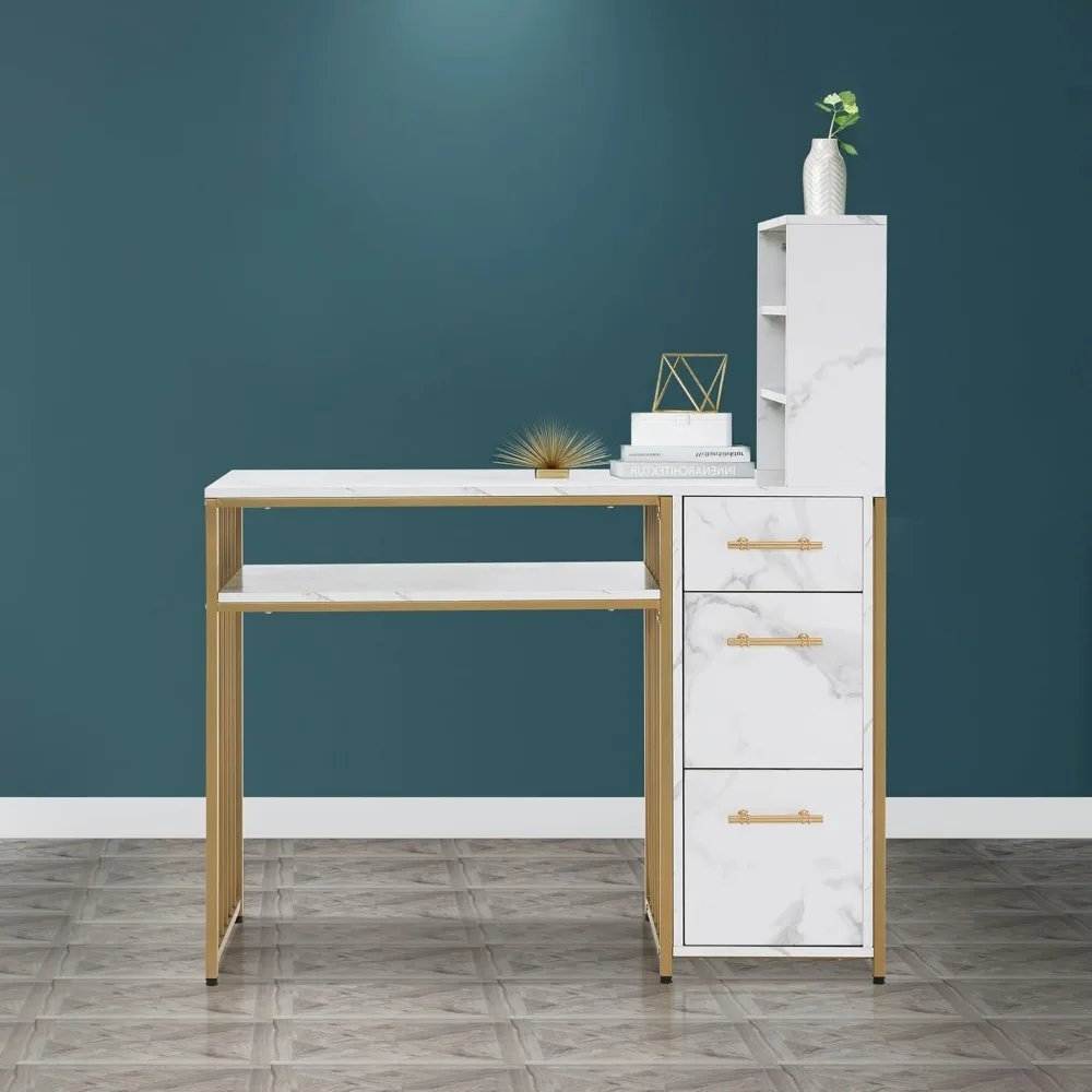 A modern workstation with drawers, marble textured nail table with storage space, and open shelves