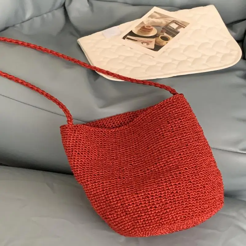 Large Capacity Handwoven Bucket Bag Solid Color Boho Metal Line Bucket Bag Handmade Crossbody Bag Gifts view 6