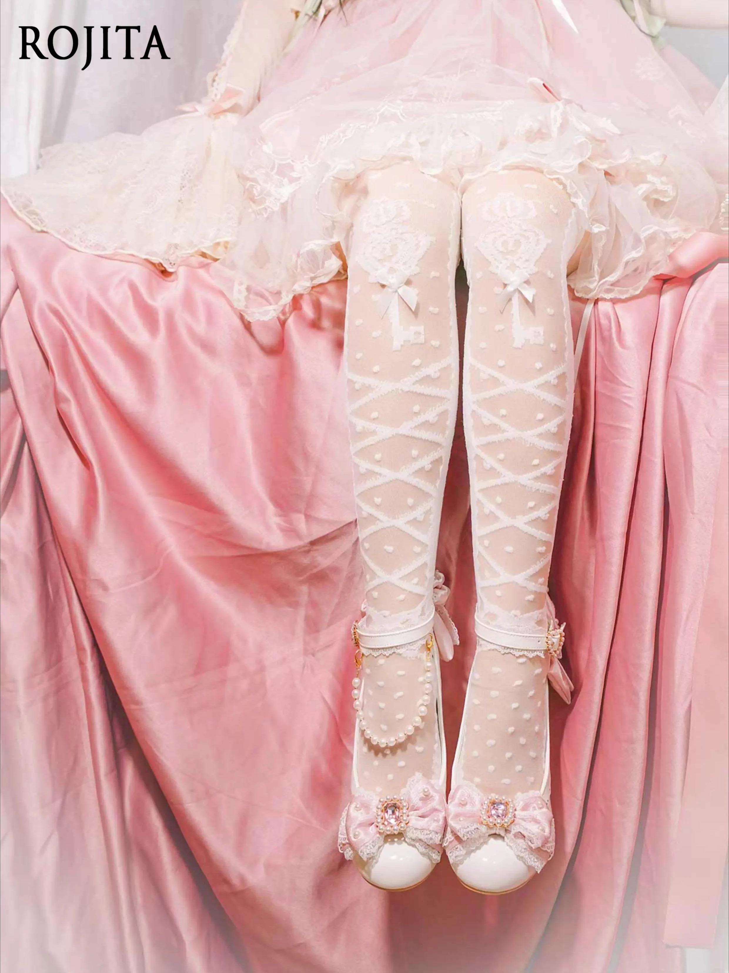 

Lolita Bowknot Pearl Mary Jane Shoes Japanese Elegant Low Heel Leather Shoes Pink and White Single Shoes for Spring and Autumn