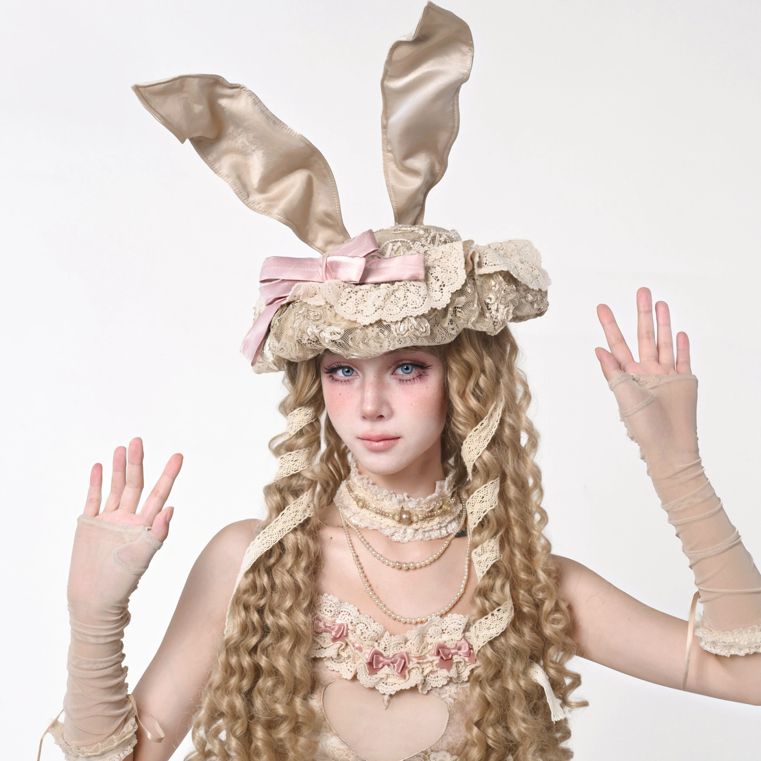 Broken Bone Original Design European Retro Elegant Lolita Sweet Sashes Lace Round Fedoras Halloween Bow Tie Bunny Ear Mesh Hat