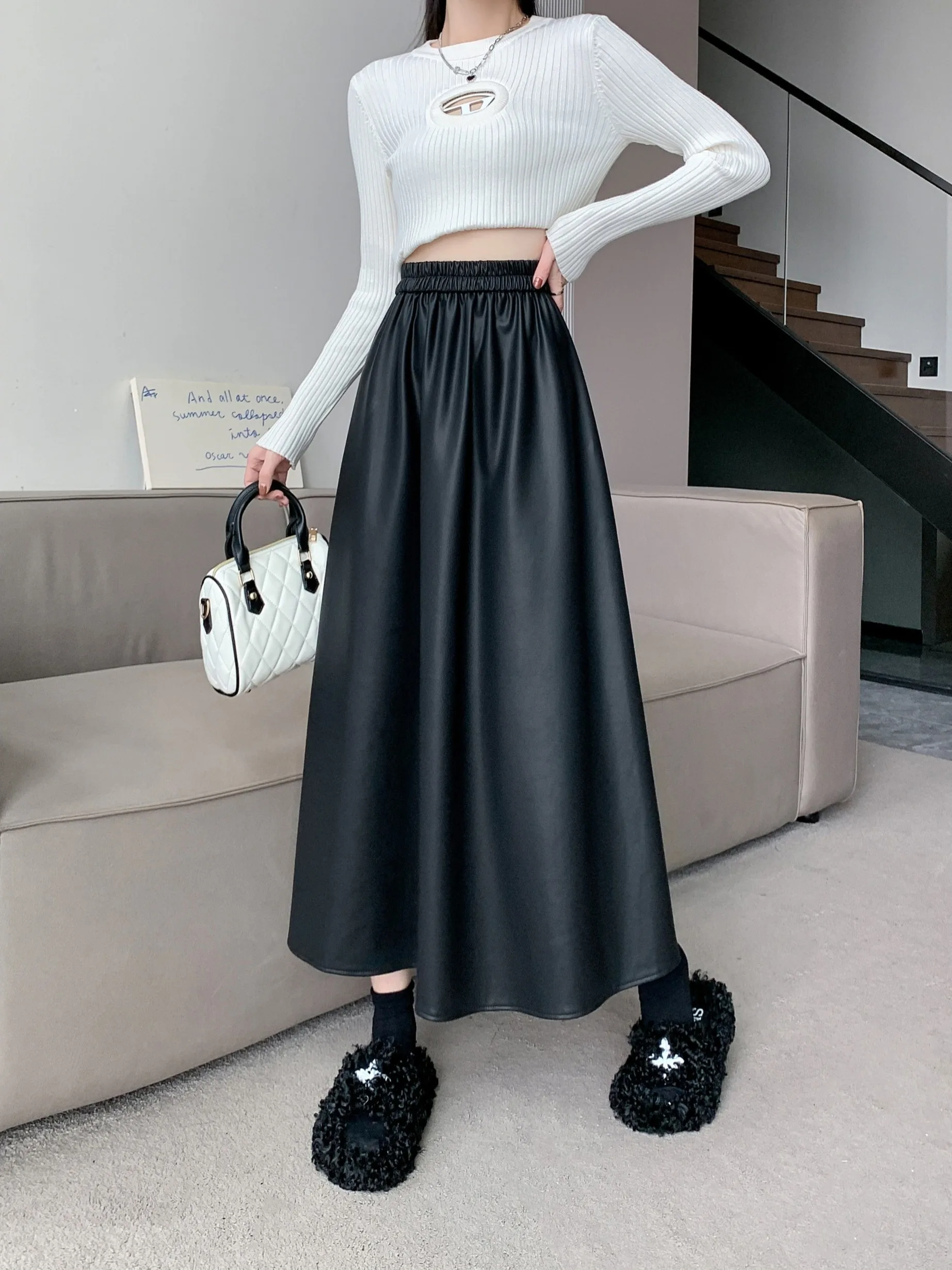 

Юбка А-силуэта с высокой талией больших размеров, женская модная черная юбка в корейском стиле для офиса, не дающаяся под усадку, однотонная