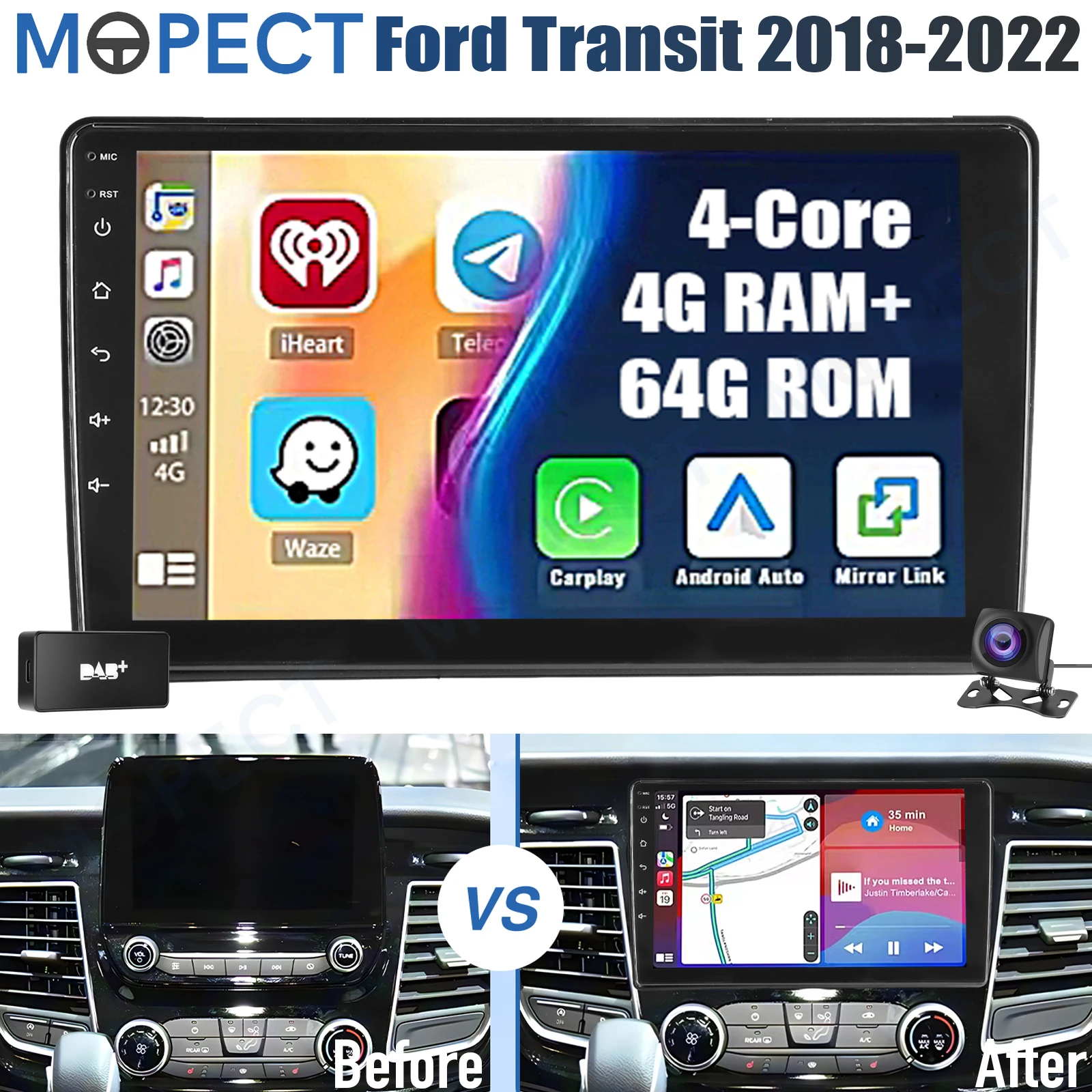 Autoradio MOPECT 10 pollici 4+64G per Ford Transit Tourneo Custom 2018-2022 WiFi CarPlay GPS Navigatore Touch Screen SWC BT FM+DAB&AHD