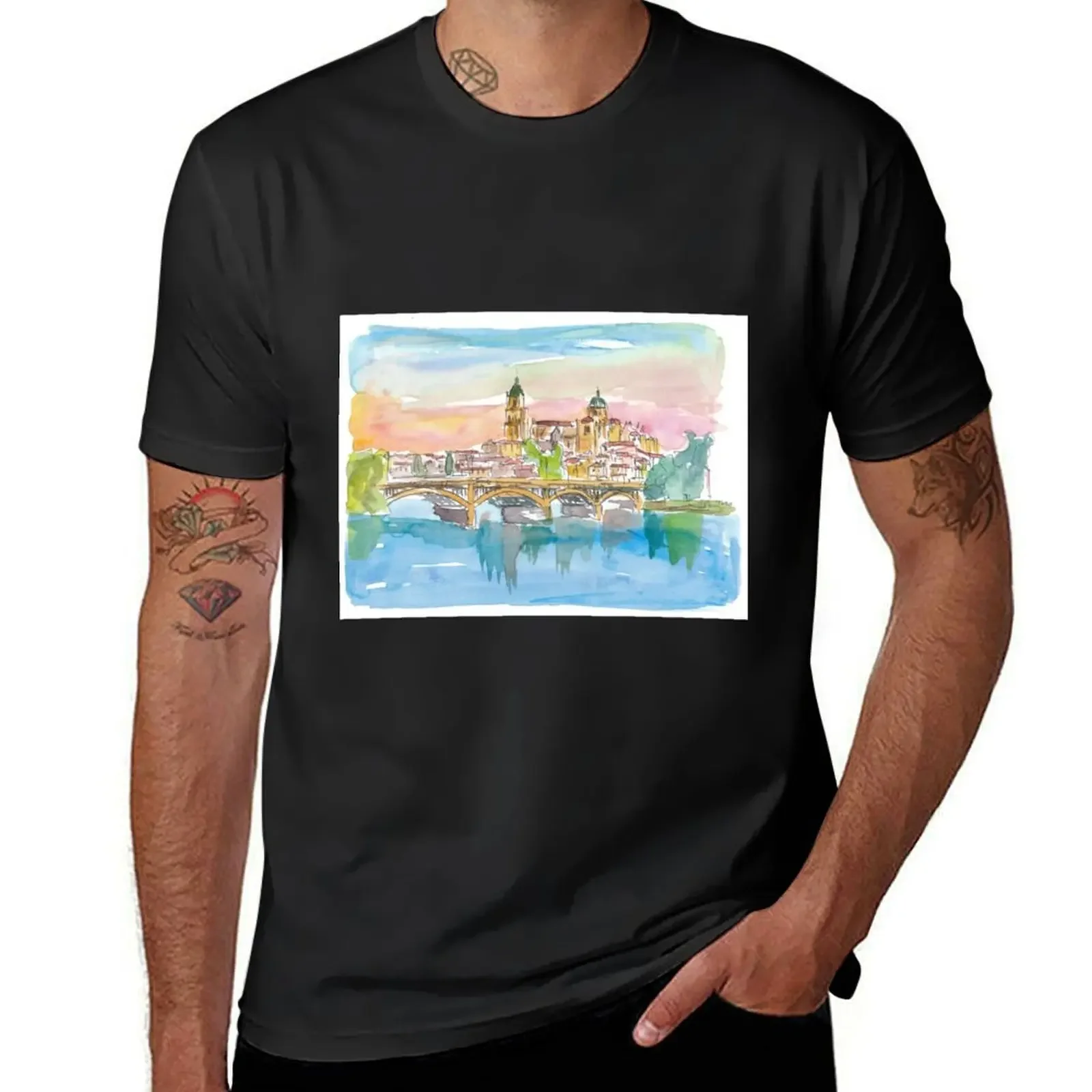 Salamanca Spain Cathedral and Tormes Bridge T-Shirt summer top Short sleeve tee graphic tee shirt mens workout shirts