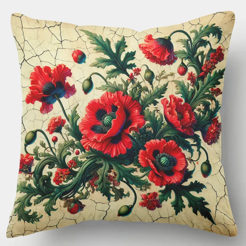 1pc 2D Flat Pillow Not Included Red Poppy Flowers Cracked Background Cushion Cover Short Plush Vintage Botanical Decor Gift Case