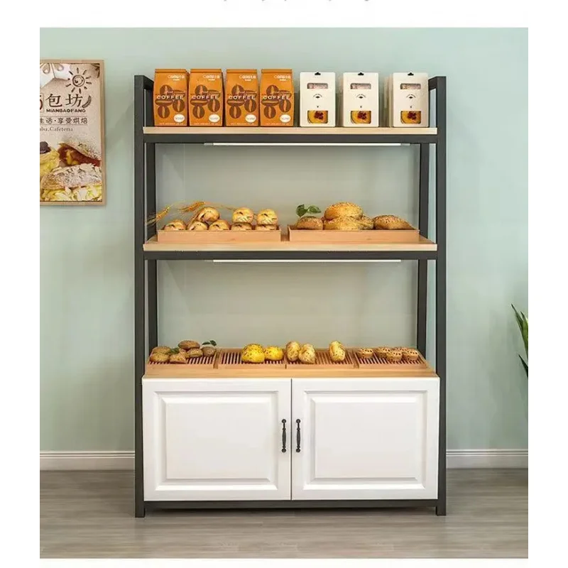 custom.3-Tier Bakery Display Rack with Storage Cabinet, Steel-Wood Pastry Shelf Bakeries