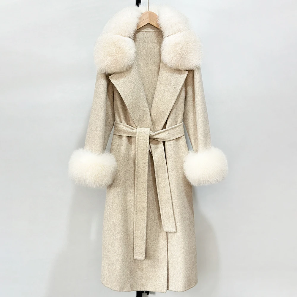 Oftbuy casaco de pele feminino real gola de pele de raposa lã mistura casaco moda quente dupla face cashmere jaqueta de lã novo outono inverno