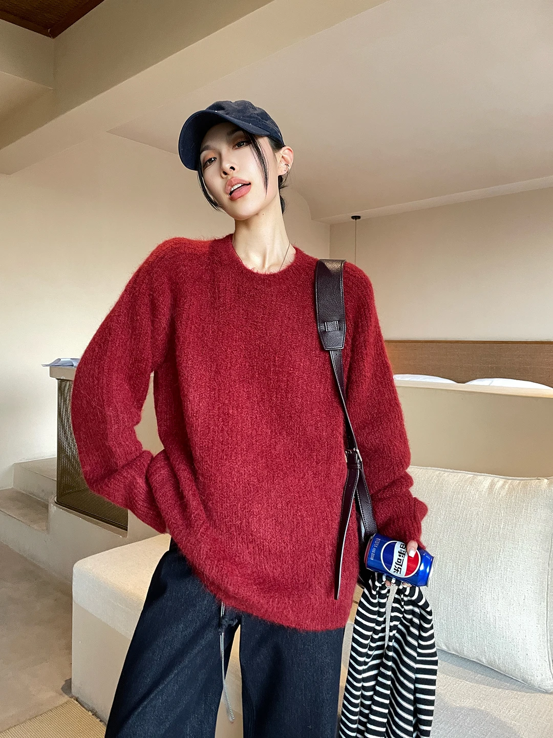 JCCC Peruvian Red Sun New Year's Knitted round Ne Pullover Sweater Sl Fce Casual Loose Fit for Men And Women