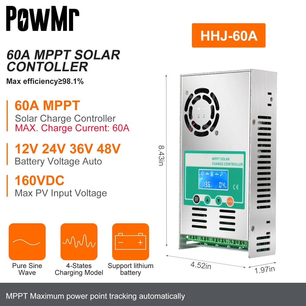 PowMr 60A MPPT Solar Laadregelaar Werk voor 12V 24V 36V 48V Lithium Lood-zuur Batterij met LCD Display Max PV 160VDC Ingang