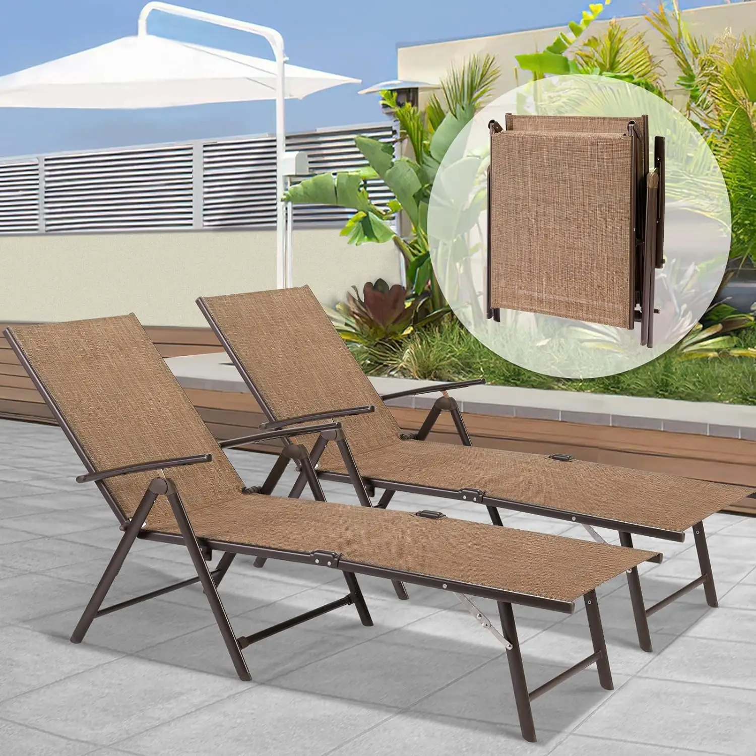 

Outdoor Chaise Lounge Set Of 2, Adjustable Reclining Folding Pool Lounger For Poolside, Outside/330Lb Weight Capacity, Brown