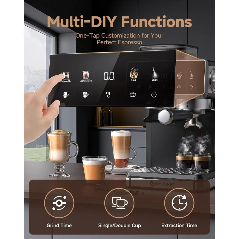 ماكينة اسبريسو 20 بار مع مطحنة - ماكينة قهوة 3 درجات الحرارة مع 20 إعدادًا للطحن، ماكينة صنع اسبريسو للمشروب الساخن/البارد #5