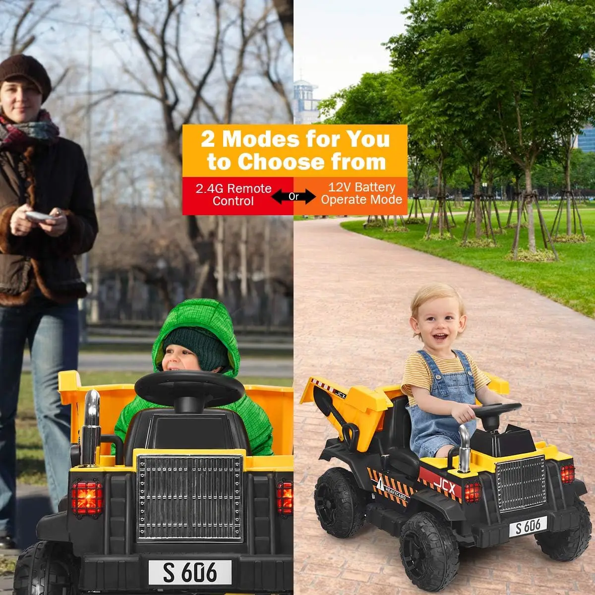 Paseo en coche, camión volquete de 12 V con control remoto, cama volquete eléctrica, música, bocina, USB, AUX, neumáticos roscados, pala, 3 velocidades,