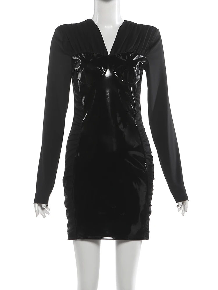 Abito in ecopelle Nibber da donna con scollo a V patchwork stile ufficio manica intera skinny elegante moda classica primavera strada aderente