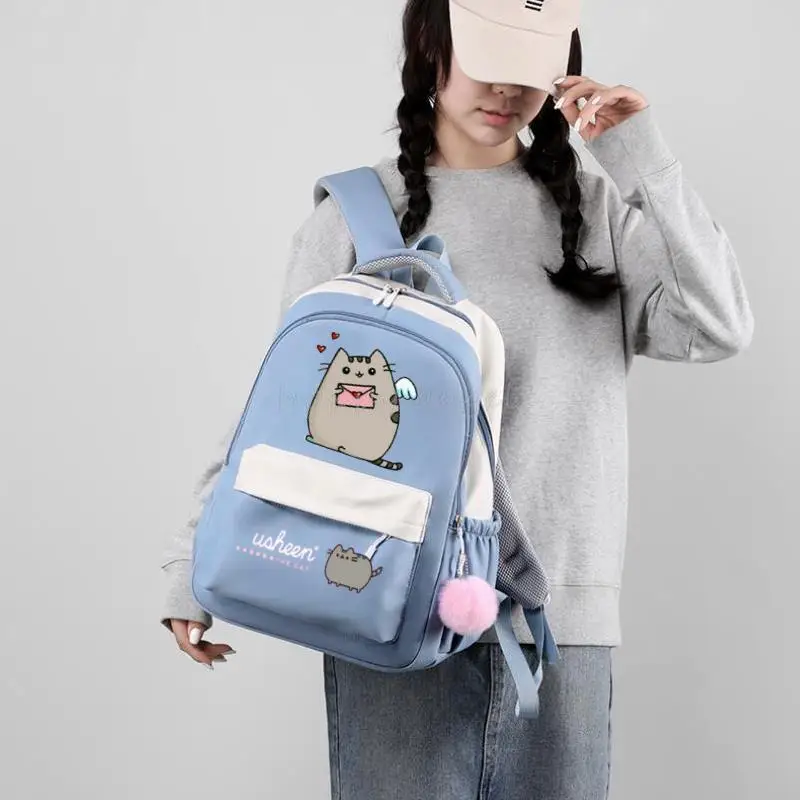 Mode fette Katze Rucksack Pusheen Printe weibliches Nylon einfache große Kapazität einfarbige Schult asche Einsatz Schnalle Laptop Rucksack