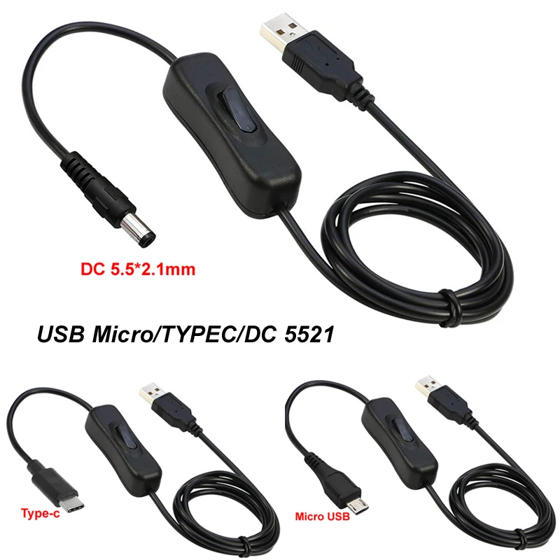 120CM/1.2M Type C Switch Cable Micro USB Extension Cables Charging Cord with On/Off USB to DC 5521 55*21 Power Switch  for Phone