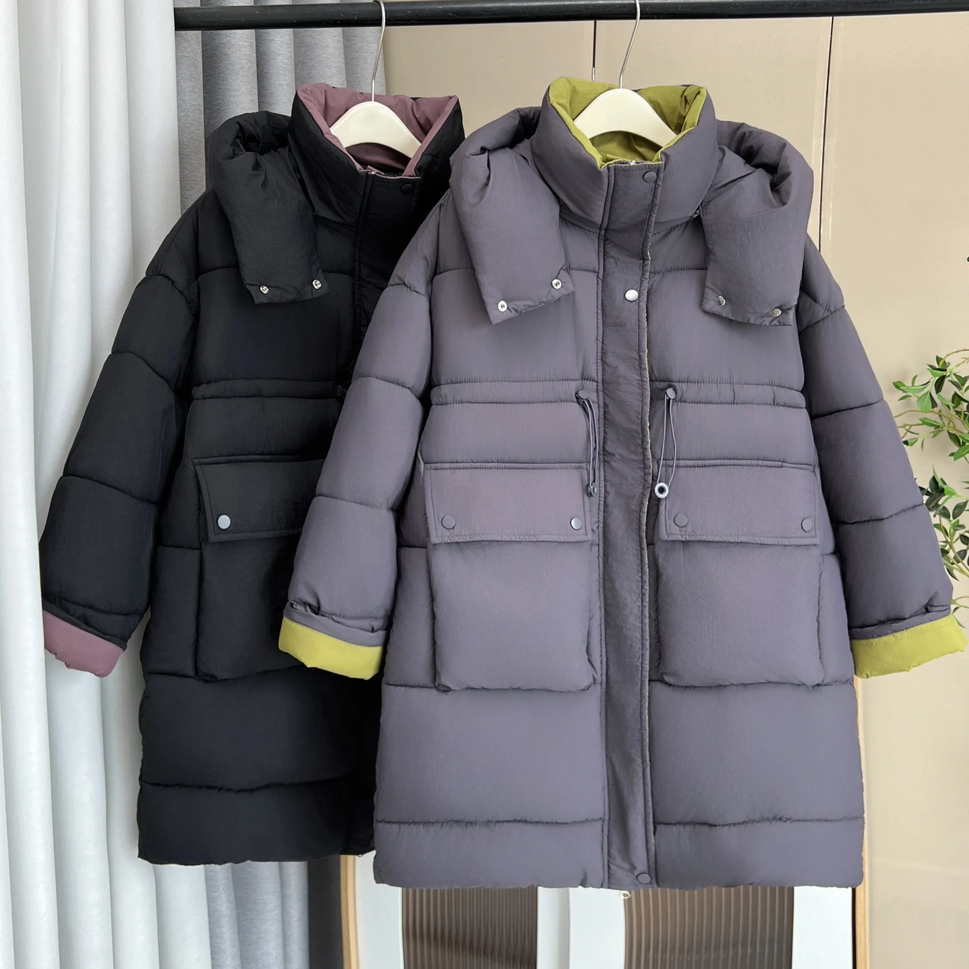 XXXXL موضة حجم كبير سترات نسائية جديدة بسيطة منتصف طول مقنعين وسادة مبطنة في الشتاء الدافئة كتلة اللون معطف 0658 #3