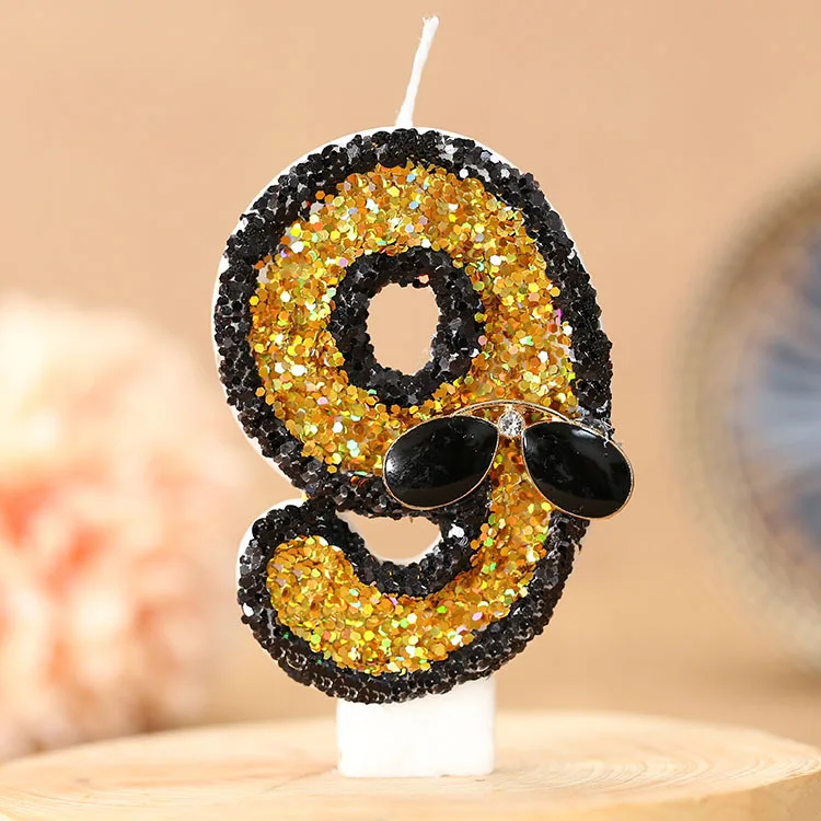 Y Children Birthday Candles 0-9 Number Yellow Sequins Candle with Sunglasses Festive Candle for Anniversary Cake Party Celebrate