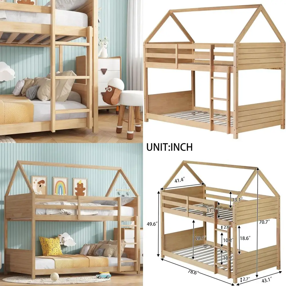 

Двухъярусная кровать-домик из белого дуба с бортиками и лестницей, не требует пружинного блока, белая