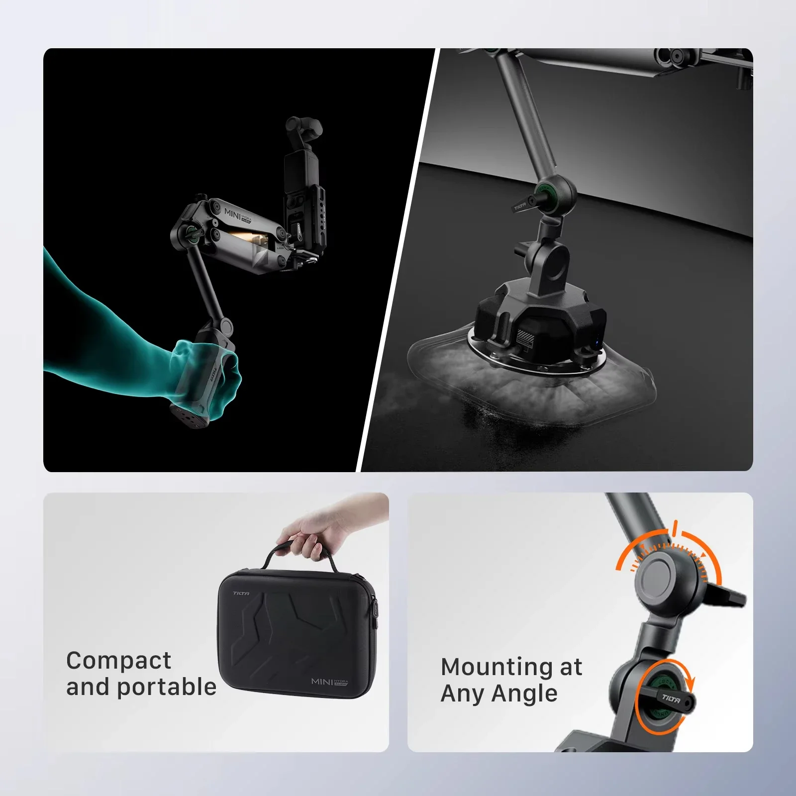 TILTA HDA-T15 สําหรับ DJI Pocket 3 สําหรับ Insta360 X3 X4 Hydra Alien Mini Car Shock Absorbing Arm รถยิงไฟฟ้าดูดถ้วย