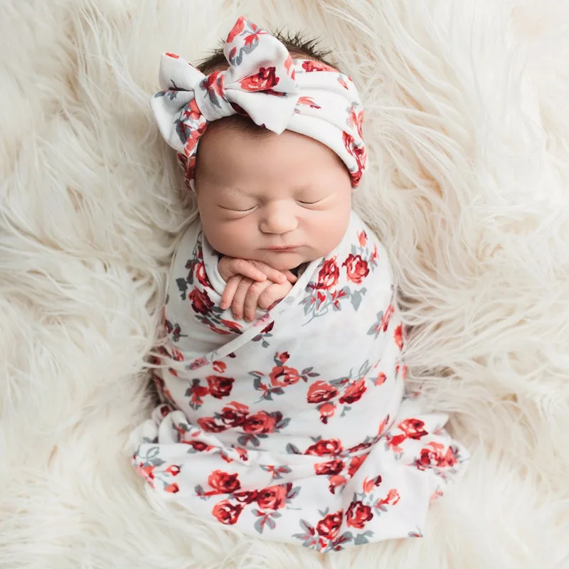 Newborn Photography Clothing Rabbit Ear Hair Band Pack Set Textile Printing Parcel Blanket Wrapping Scarf Ribbon  Accessories