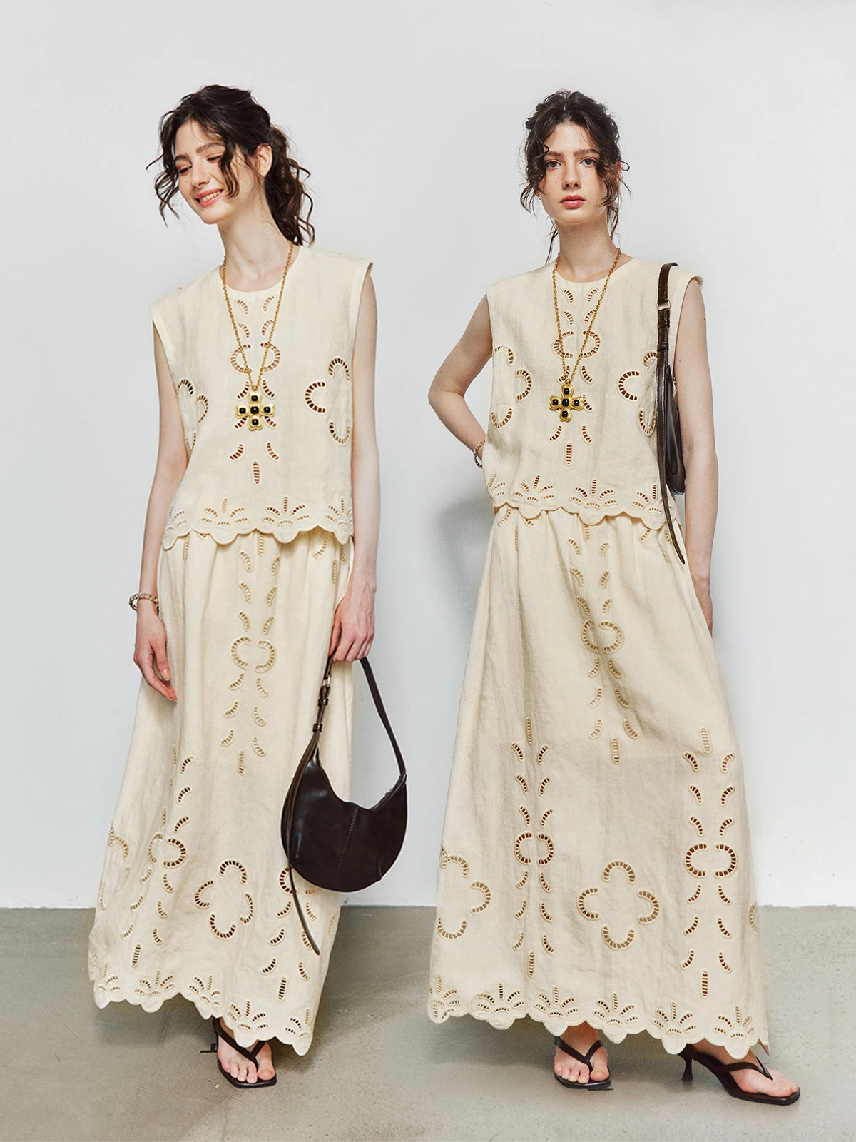 

Eastern European Old Money Style Embroidered round Neck Sleeveless Top And Half Skirt Linen Set Women Summer Fashion Ensemble