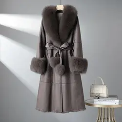 Manteau une pièce en fourrure de lapin pour femme, col en fourrure de renard mi-long, à lacets, coupe couvertes, manteau en fourrure Haining, nouveau, 2023