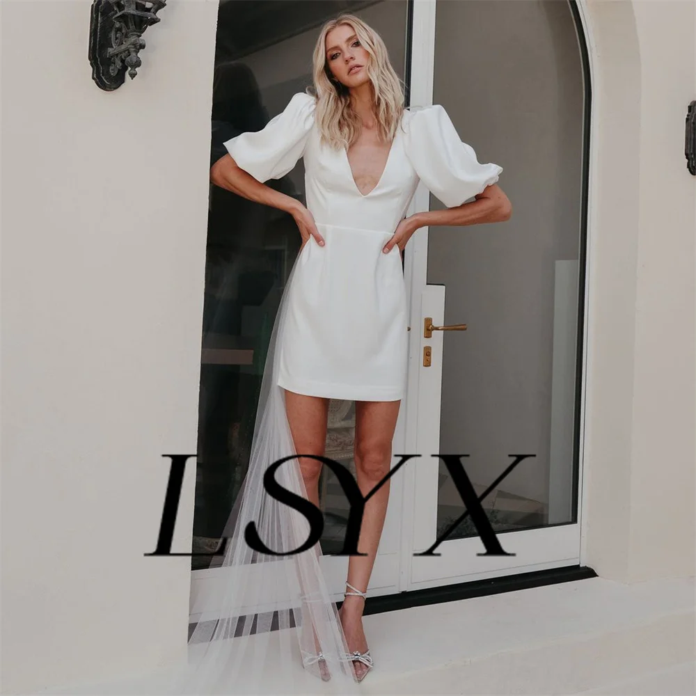 LSYX-Mini robe de mariée en pansement à manches bouffantes et col en V profond pour femmes, gaine dos ouvert, au-dessus du genou, robe courte pour patients, sur mesure