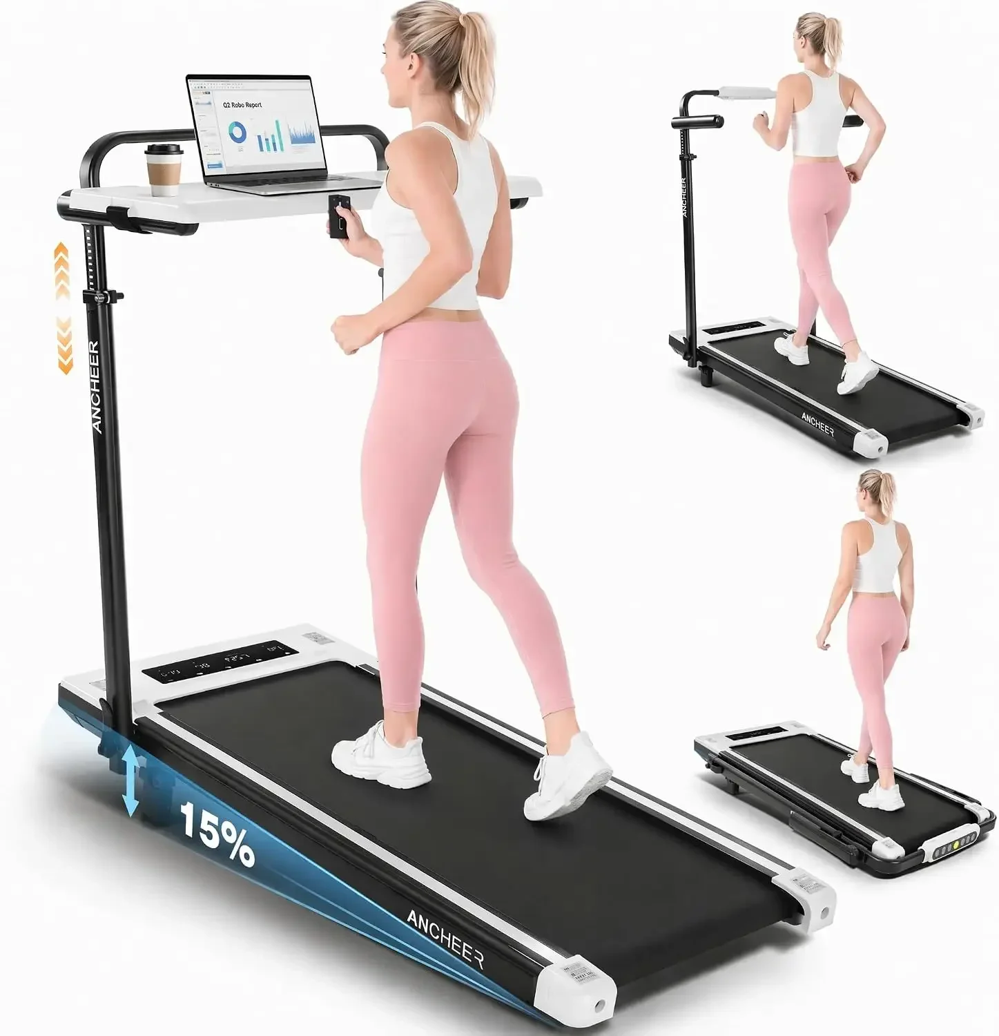 BestsellerHeight-Adjustable Desk Treadmill with 15% Incline for Home Office Workout | 8 in 1 Folding Treadmill 450lbs Capacity,