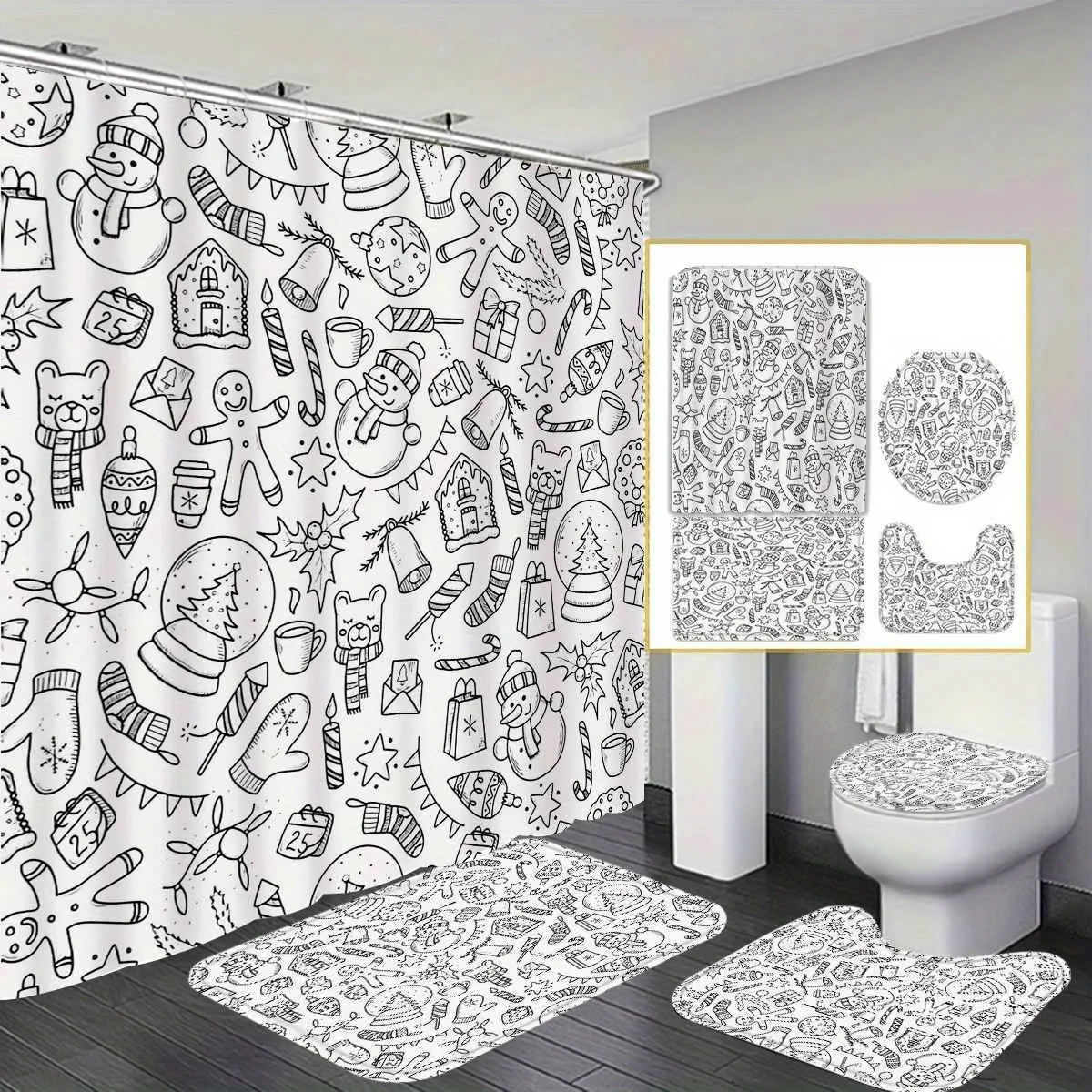 

Рождество с Рождеством 4 шт. Рождественские украшения Набор занавесок для душа, водонепроницаемая занавеска для душа, ковер для ванной комнаты, туалет