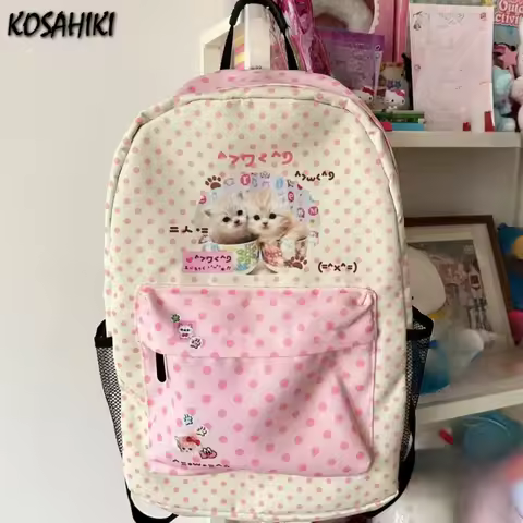 Contrast Color Kawaii Sweet Cat Dot Backpacks Y2k Vintage Patchwork Preppy Schoolbags High-capacity Students Cute Bags for Women