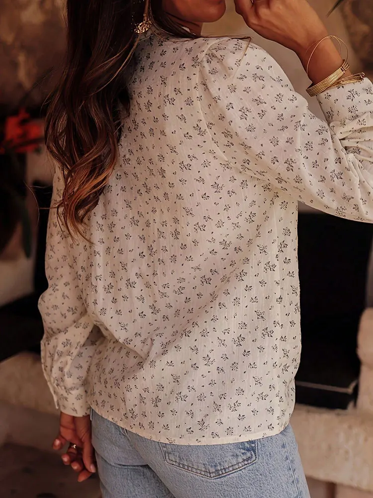 جديد حار بيع البريطانية زائد حجم الأزهار طباعة خياطة الدانتيل طويلة الأكمام قميص أنيق الوقوف طوق زر أعلى النساء الملابس
