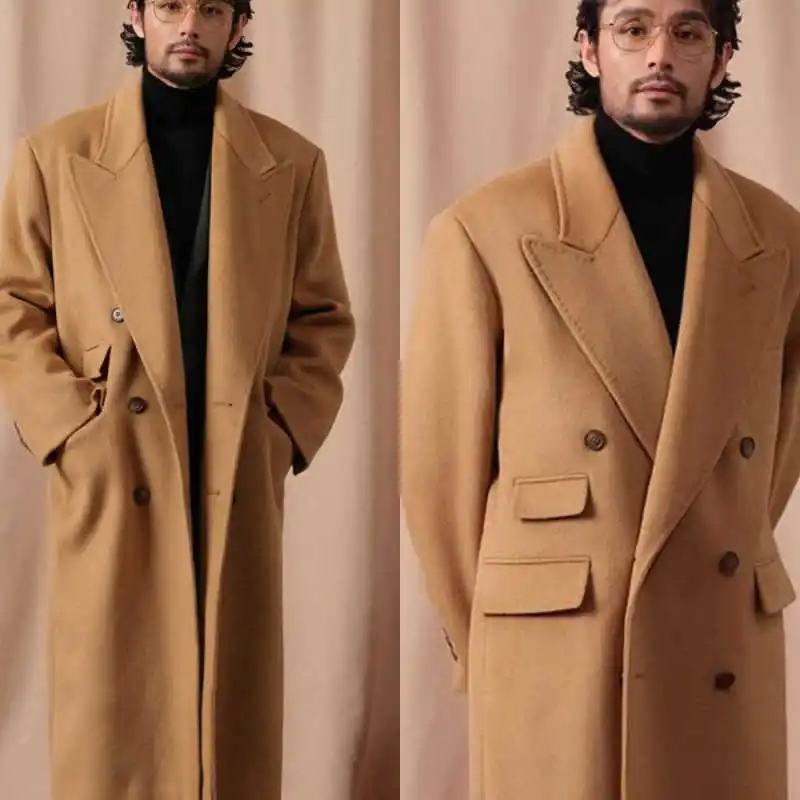 

Classic Mens Woolen Overcoat Trendy Double-Breasted Peaked Lapel Coat Mid-Length Winter Warm Casual Business Customized