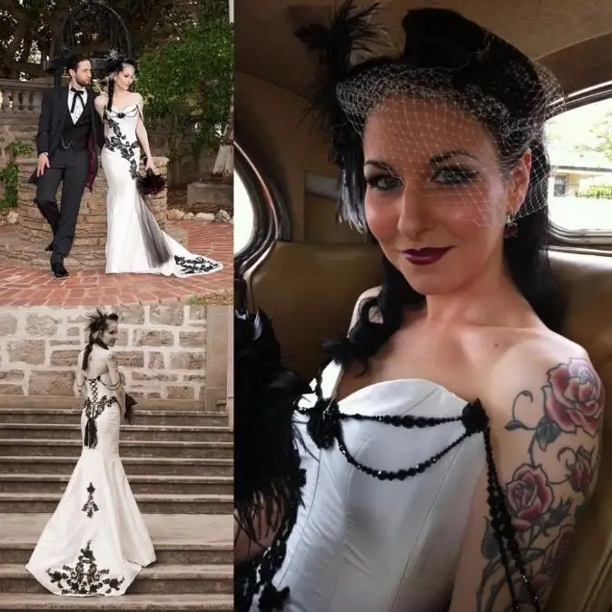 ลูกไม้สีดำและสีขาวซาตินเมอร์เมดชุดแต่งงาน Sweetheart Gothic ชุดเจ้าสาว Vestidos De Novia Robe De Mariage เจ้าสาว Gowns