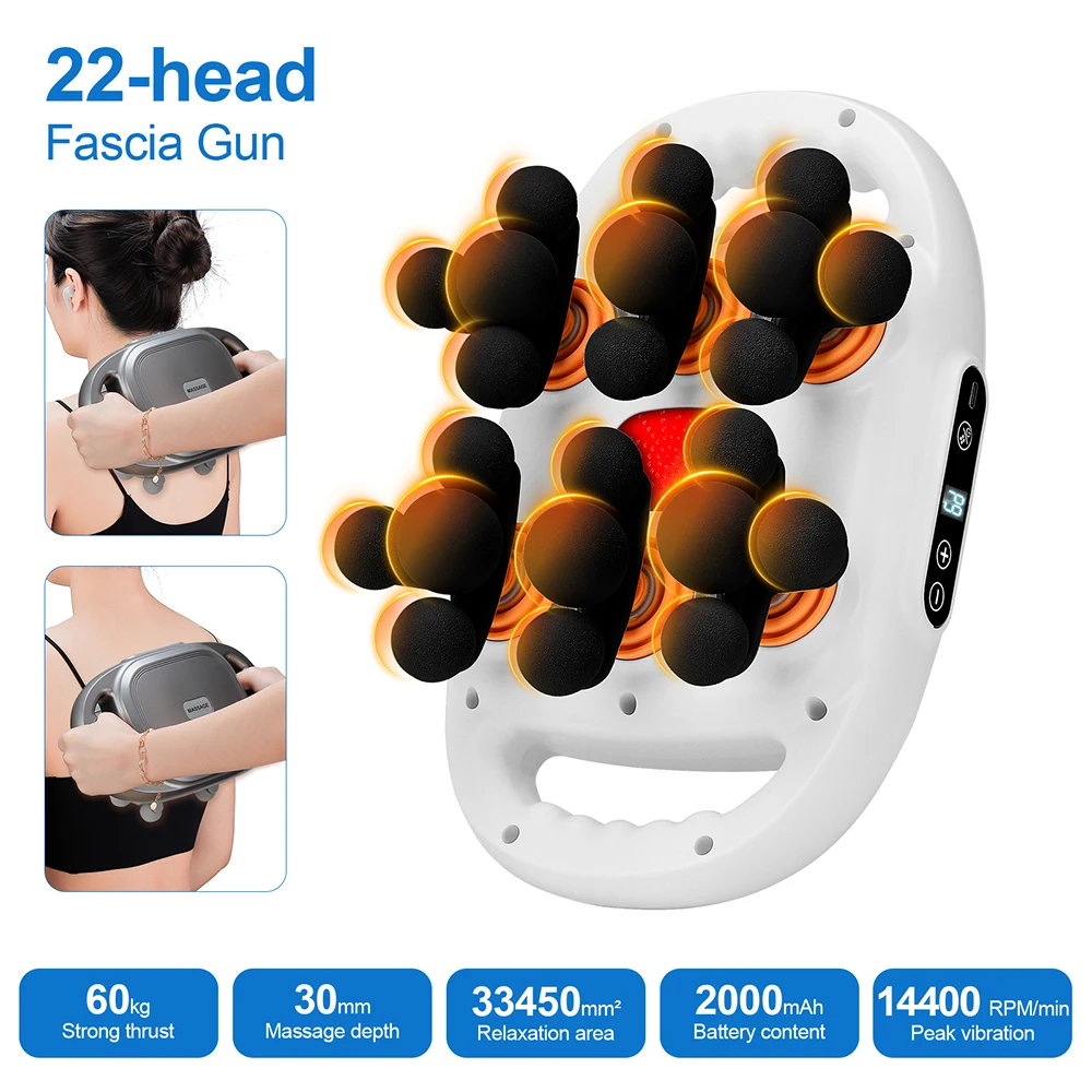 

Беспроводной массажный пистолет для фасции, 22-головочный массажный пистолет для тела, высокочастотная вибрация, спина, талия, плечо, нога, бедра, фасция masajeador