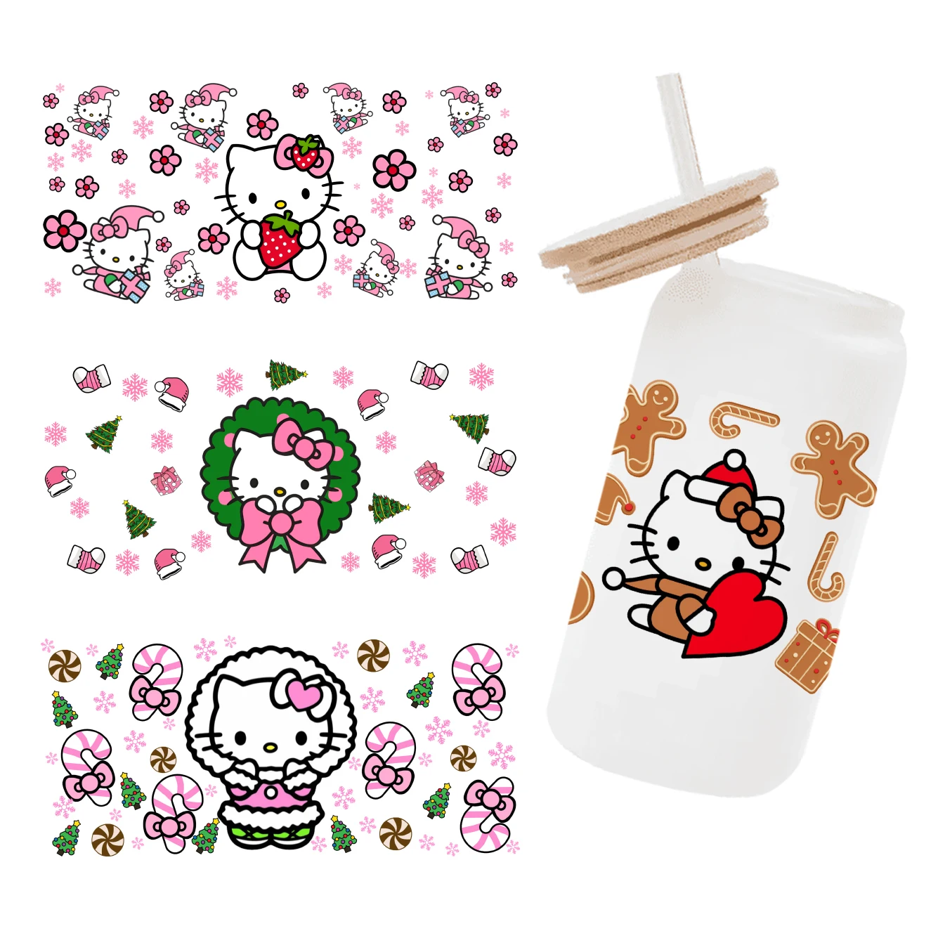 11x24cm Hello Kitty Weihnachtsthema UV DTF Cup Wrap Wasserdicht Urlaub Design Tumbler Glasbecher DIY Aufkleber Aufkleber