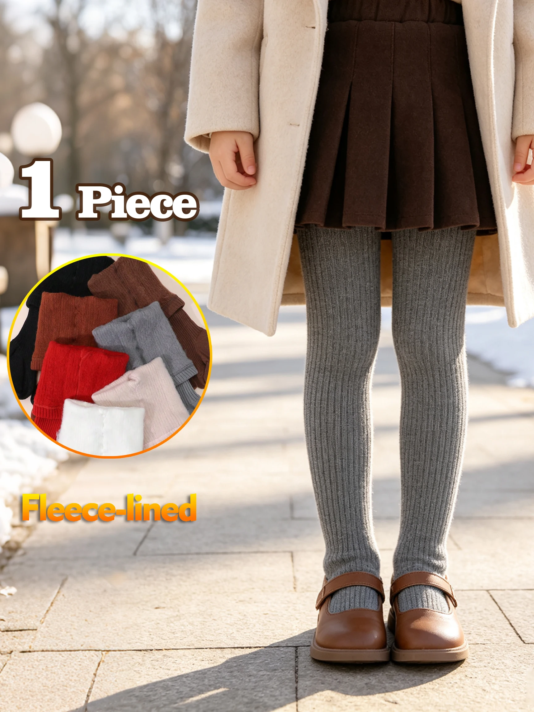 1 Stück Kinder-Strumpfhose mit vertikalen Rippen und Fleece-Futter, einfarbig, warm, weich, bequem, Leggings für Herbst und Winter, ideal für den täglichen Gebrauch im Freien. – Detail 1