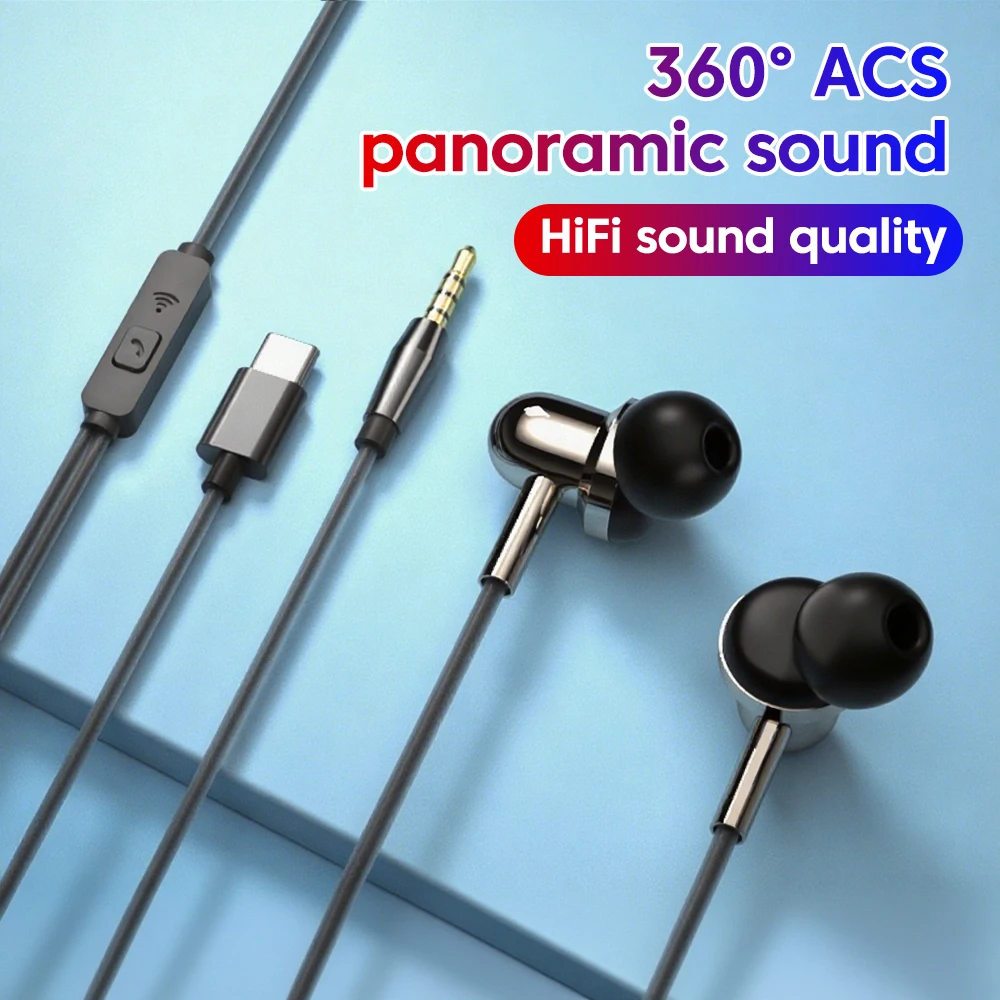 Headphones DAC Type-C 3.5mm Wired Earphones Handsfree In-ear