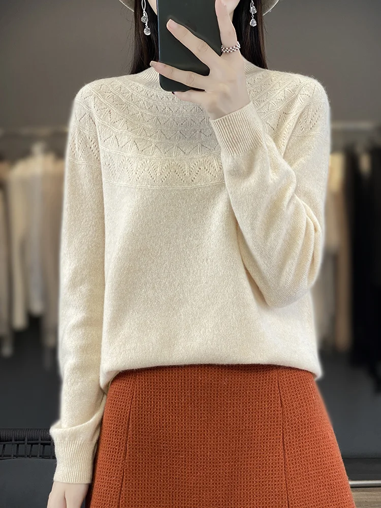 Fashion 100% Merino Wool Sweater Mock Neck  Cashmere Pullover Basic Autumn Winter Soft Hollow Out Long Sleeve Clothing Tops