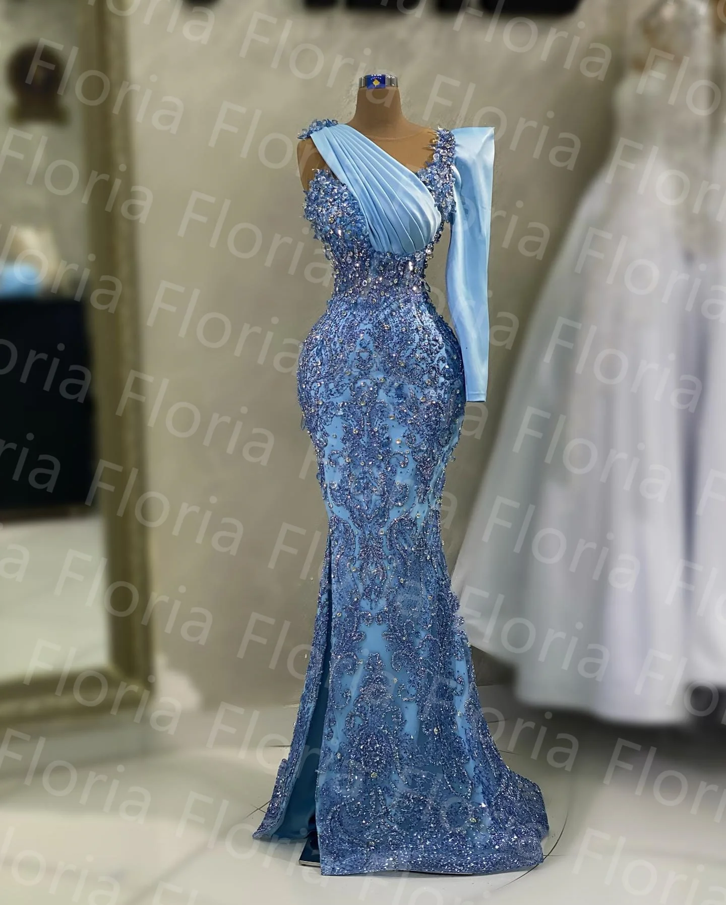 Vestido De noche De sirena con cuentas De cristal delicado, lentejuelas azules, diamantes De imitación, hendidura brillante, un hombro, vestido De fiesta árabe