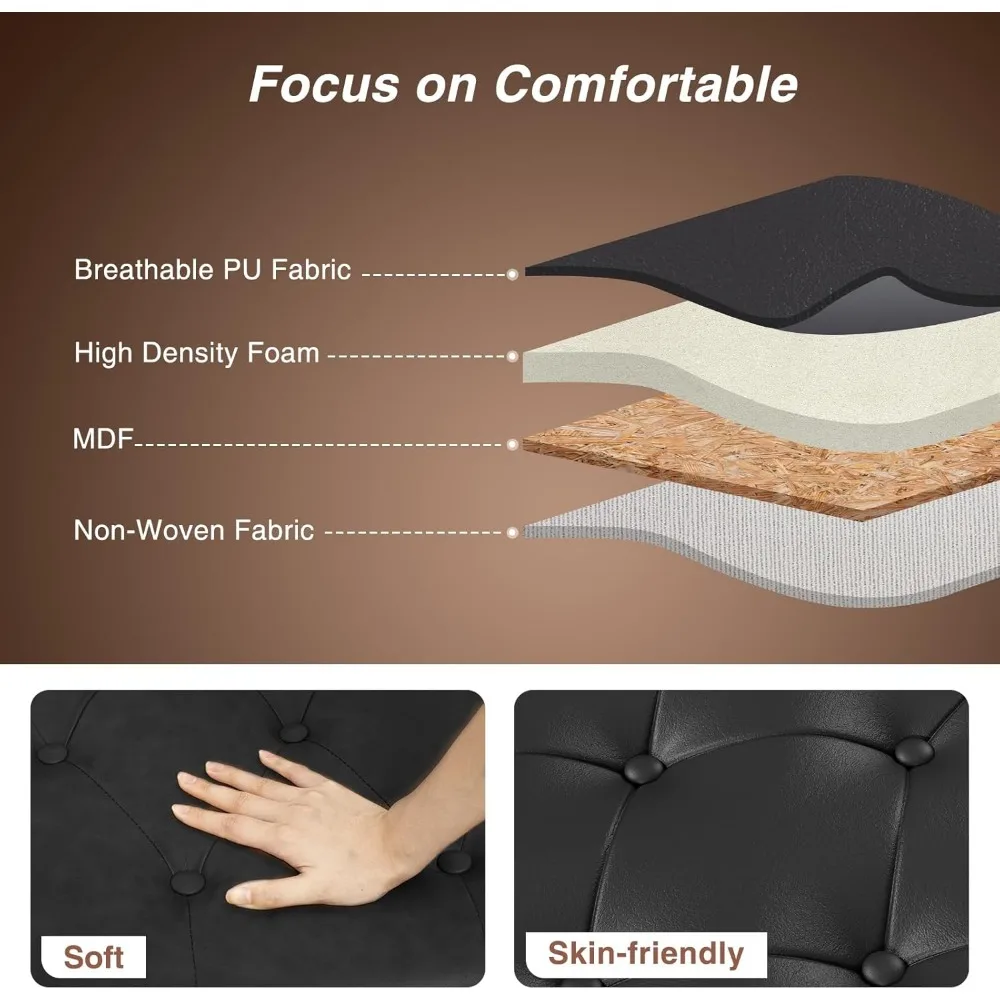 مقعد تخزين من الجلد الصناعي مع زر معنقدة، مقعد مسند للقدمين مقاس 65 بوصة لغرفة النوم #5