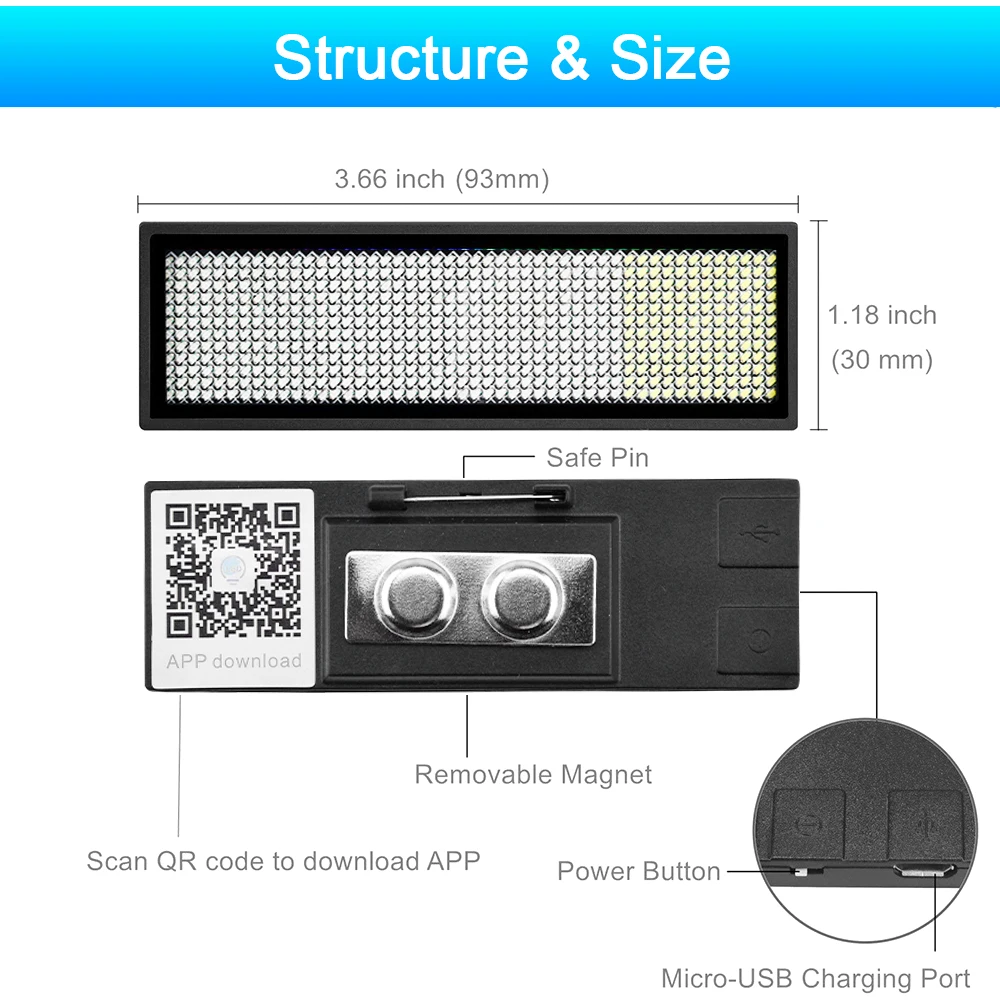 Fully New Bluetooth LED Name Badge DIY Programmable Scrolling Message Board Mini LED Display HD Text Digits Pattern Display