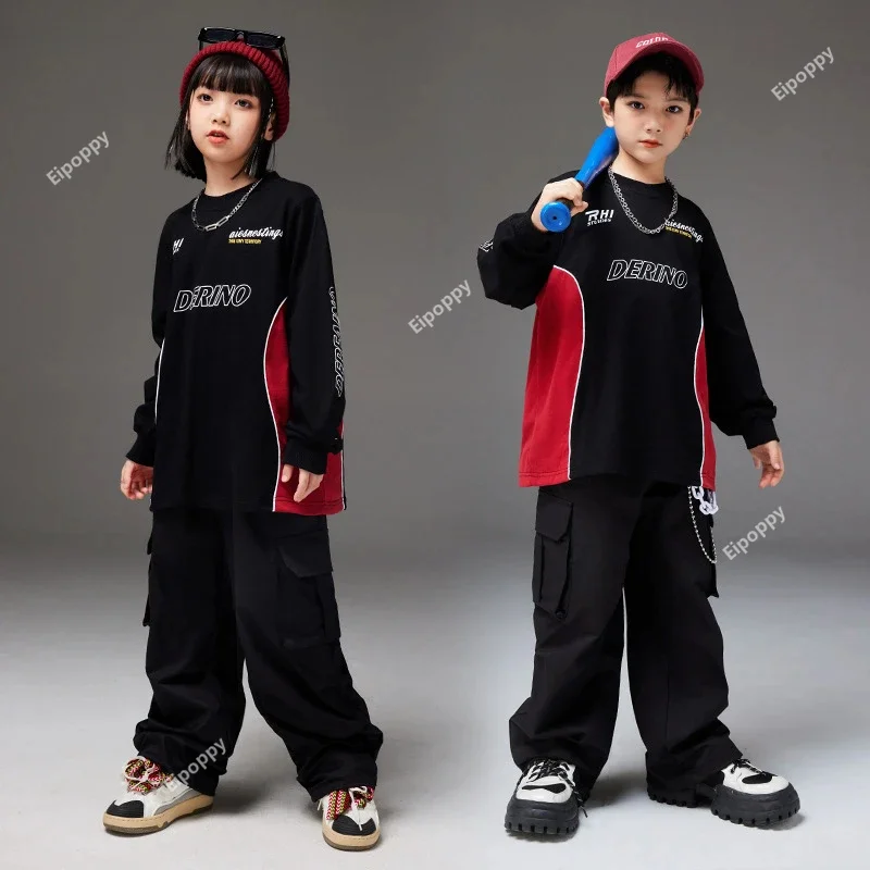 Boys Hip Hop Contrast Sweatshirt Cargo Pants Girls Streetwear Pullovers Joggers Child Street Dance Clothes Set Kids Jazz Costume