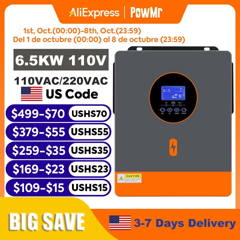 PowMr 6.5KW Split Phase Inverter 48V 110V or 220V with MPPT 100A Solar Battery Charger RS485 CAN Max PV Array Power 7200W