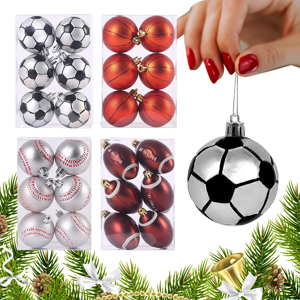 

6Pcs Christmas Balls Sports Theme Classic Football Baseball Xmas Ball Ornaments Christmas Tree Balls for Xmas Tree Holiday Decor