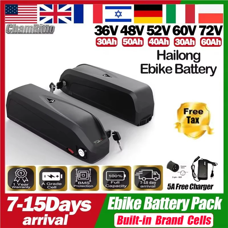 

48V Rechargeable Battery 36v 52v Electric Bike Battery 60V Hailong 72V 20ah 30ah 40 50ah 60ah Scooter 18650 Lithium Battery Pack