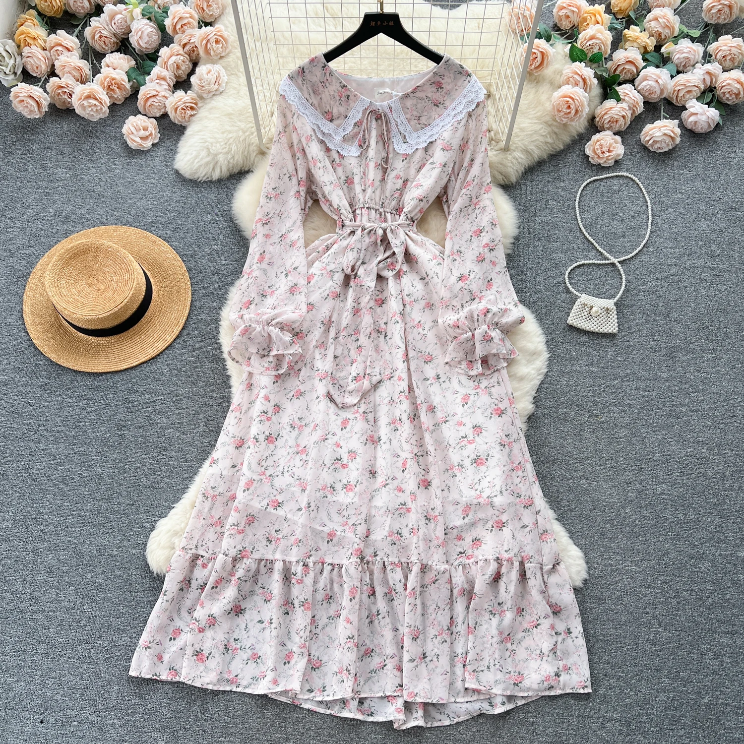 French Vintage Peter pan Collar Puff Sleeve floral sweet Dress Chic Elegant Vestidos Summer Fashion A-line pleated Dresses